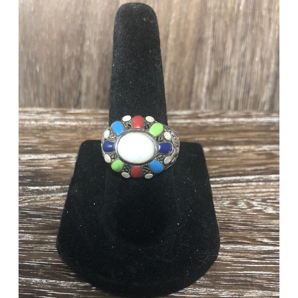 Vintage Native American Sterling Silver Multi Color Stone Cluster Ring Sz 6.75